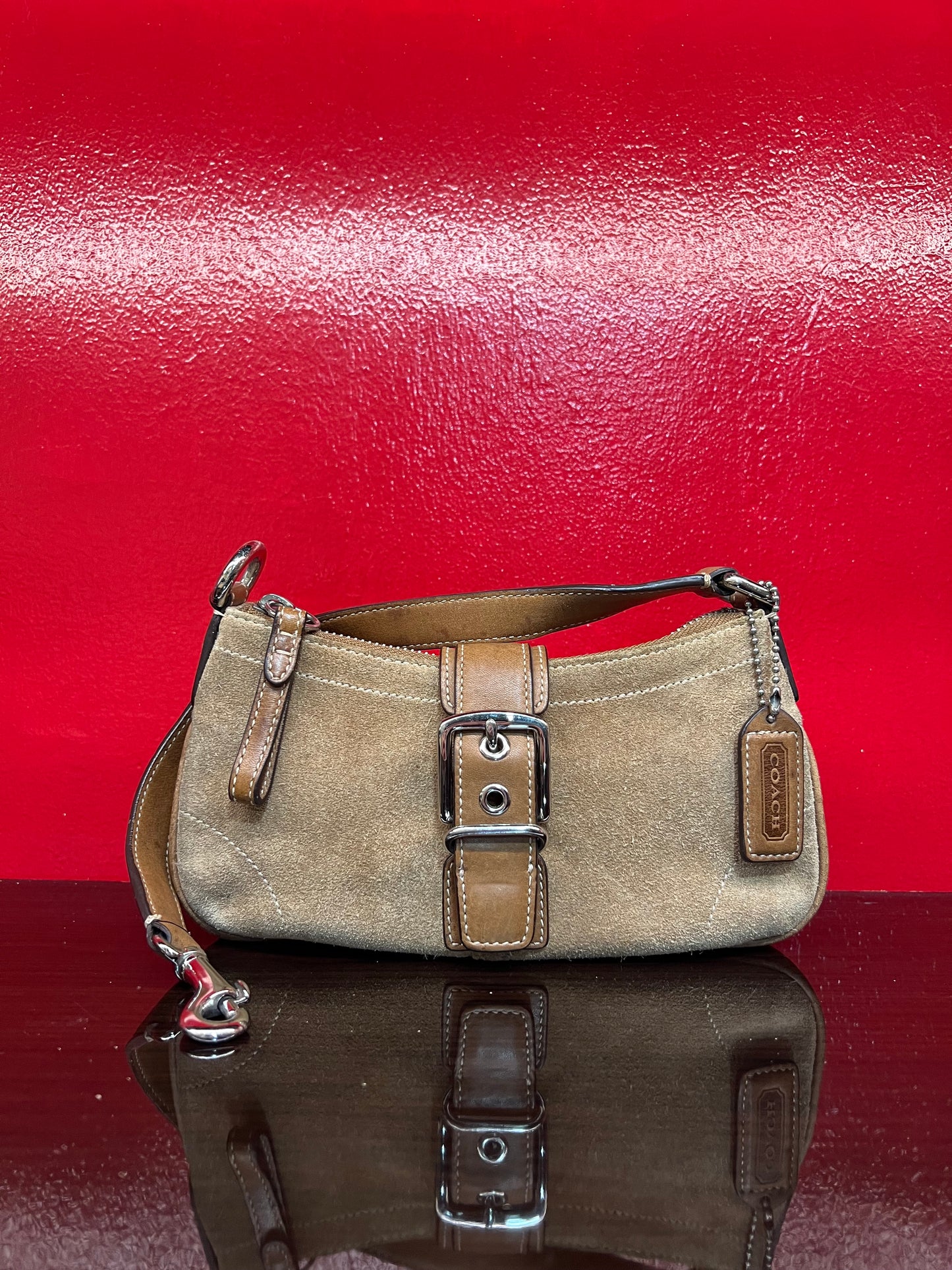 COACH Y2K Hampton Demi Tan Suede Shoulder Bag